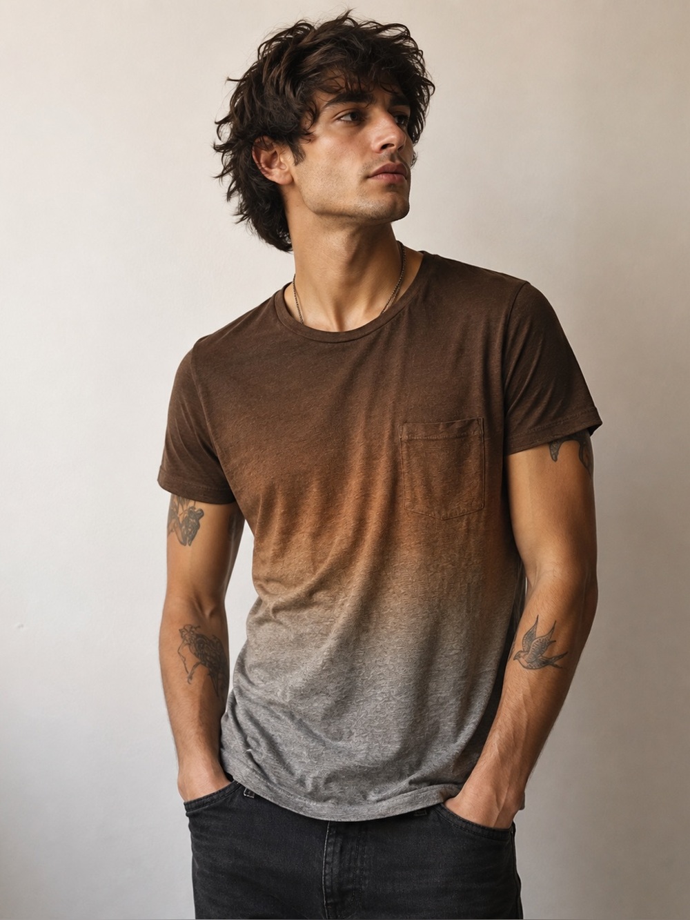 IKKS Men’s L Ombre Gradient Pocket T Shirt Brown Gray 100% Cotton 2015